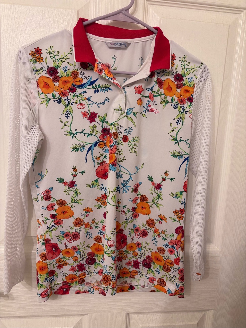 Neopalmspring Floral Golf Top S White  Pink Mesh Panel Sleeves K-Fashion Sport